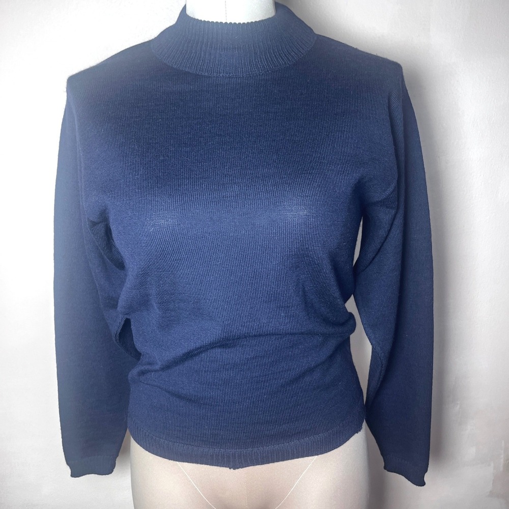 Vintage Pendleton Petite Navy Blue 100% Virgin Wool Mock Neck Sweater Small USA